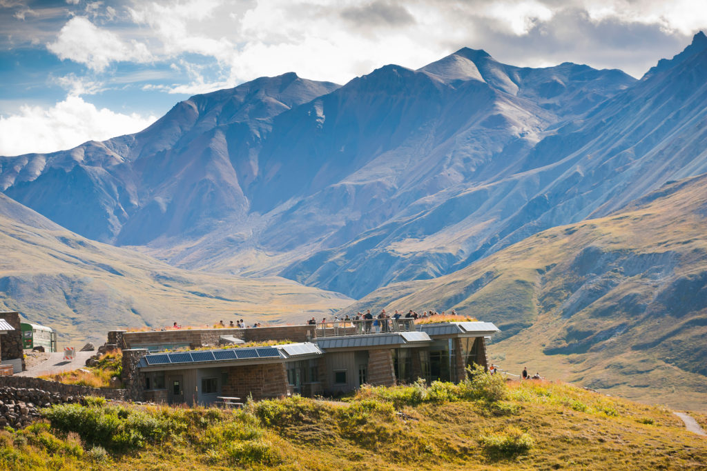 Denali National Park, Alaska, view of new and energy efficient Eielson Visitor Center on Eilson Bluffs